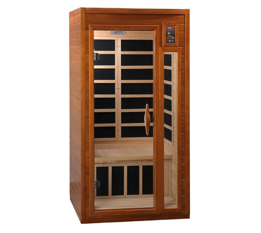 Sauna Plunge Direct-Golden Designs Inc.-DYNAMIC Low EMF-Far Infrared Sauna Barcelona Edition-DYN-6106-01Compact 1-2 person infrared sauna, natural hemlock wood, Bluetooth sound system, LED control panels, 6 low-EMF heating panels, tempered glass door, chromotherapy lighting with Red Light Therapy (2024 models), 120V/15amp, easy assembly.
