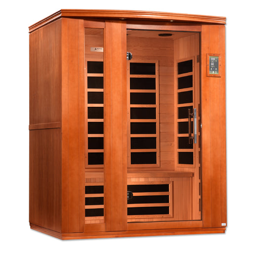 Sauna & Plunge Direct-Golden Designs Inc.-DYNAMIC Lugano 3 Person Ultra Low EMF FAR Infrared Indoor Sauna Model:DYN-6336-02 
3-person infrared sauna with natural hemlock wood construction, exterior dimensions 60" W x 45" D x 75" H, Bluetooth music system, LED control panels, 9 low-EMF Carbon heating panels, tempered glass door, chromotherapy lighting with 2024 Red Light Therapy, 120V/20amp electrical, roof vent, easy clasp-together assembly.