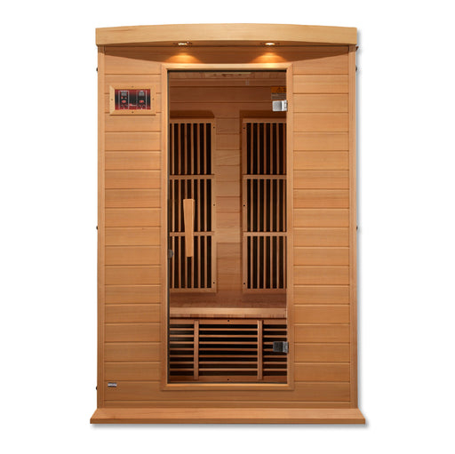 2-person infrared sauna, exterior 50" W x 42" D x 75" H (add 5.9" for roof overhang), interior 45" W x 37" D x 68" H. Features natural hemlock wood, tempered glass door, two side windows, chromotherapy lighting with Red Light Therapy (2024 models), six low-EMF Carbon heating panels, roof vent, LED control panels, and FM radio with Bluetooth, MP3, SD, and USB connections. Requires 120V/15amp plug & play; sauna weight 250 lbs, shipping weight 330 lbs, ships in 2 boxes.
