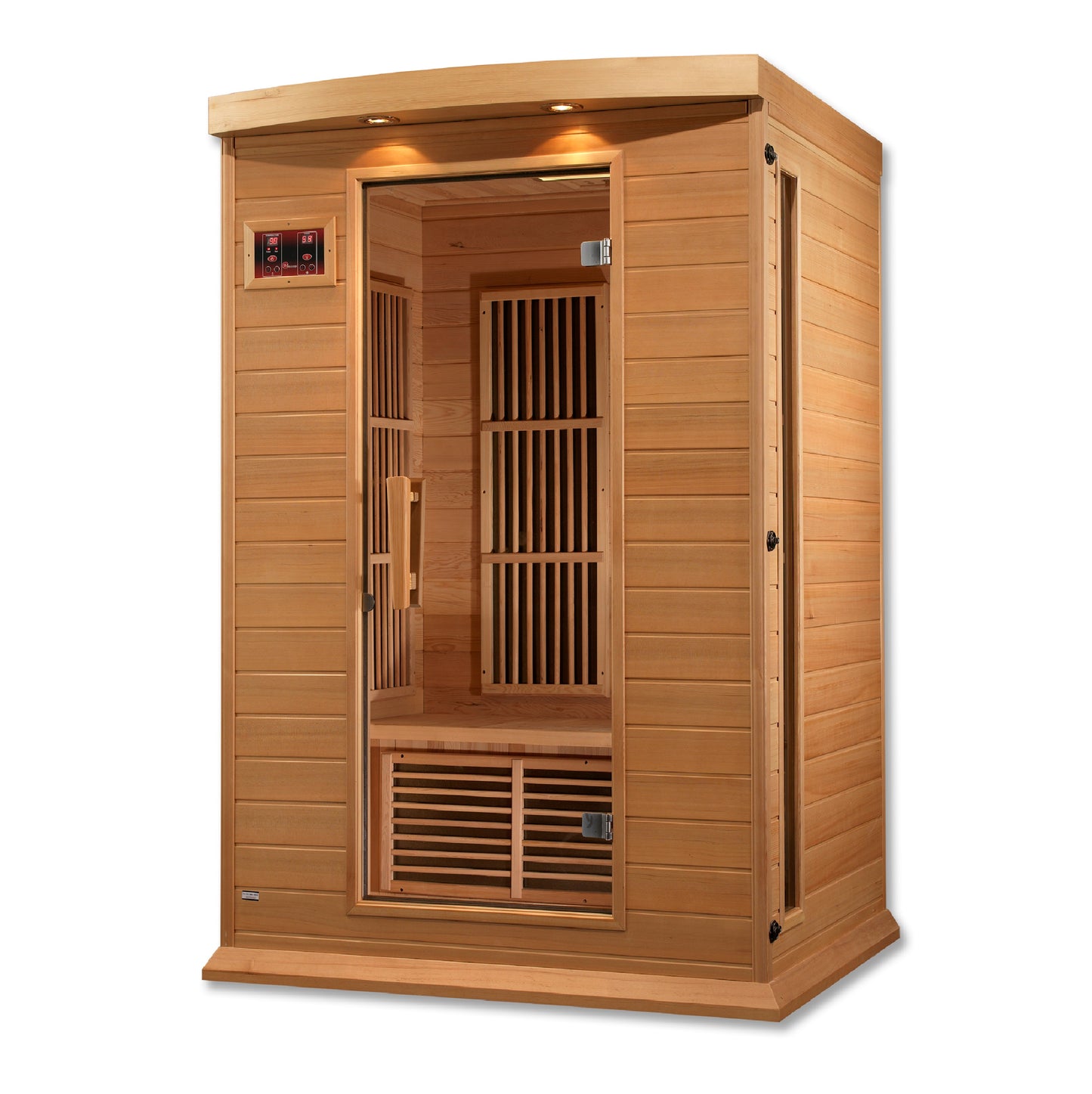 2-person infrared sauna, exterior 50" W x 42" D x 75" H (add 5.9" for roof overhang), interior 45" W x 37" D x 68" H. Features natural hemlock wood, tempered glass door, two side windows, chromotherapy lighting with Red Light Therapy (2024 models), six low-EMF Carbon heating panels, roof vent, LED control panels, and FM radio with Bluetooth, MP3, SD, and USB connections. Requires 120V/15amp plug & play; sauna weight 250 lbs, shipping weight 330 lbs, ships in 2 boxes.






