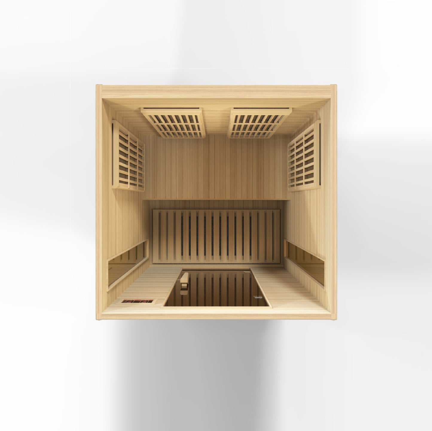2-person infrared sauna, exterior 50" W x 42" D x 75" H (add 5.9" for roof overhang), interior 45" W x 37" D x 68" H. Features natural hemlock wood, tempered glass door, two side windows, chromotherapy lighting with Red Light Therapy (2024 models), six low-EMF Carbon heating panels, roof vent, LED control panels, and FM radio with Bluetooth, MP3, SD, and USB connections. Requires 120V/15amp plug & play; sauna weight 250 lbs, shipping weight 330 lbs, ships in 2 boxes.