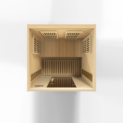 2-person infrared sauna, exterior 50" W x 42" D x 75" H (add 5.9" for roof overhang), interior 45" W x 37" D x 68" H. Features natural hemlock wood, tempered glass door, two side windows, chromotherapy lighting with Red Light Therapy (2024 models), six low-EMF Carbon heating panels, roof vent, LED control panels, and FM radio with Bluetooth, MP3, SD, and USB connections. Requires 120V/15amp plug & play; sauna weight 250 lbs, shipping weight 330 lbs, ships in 2 boxes.