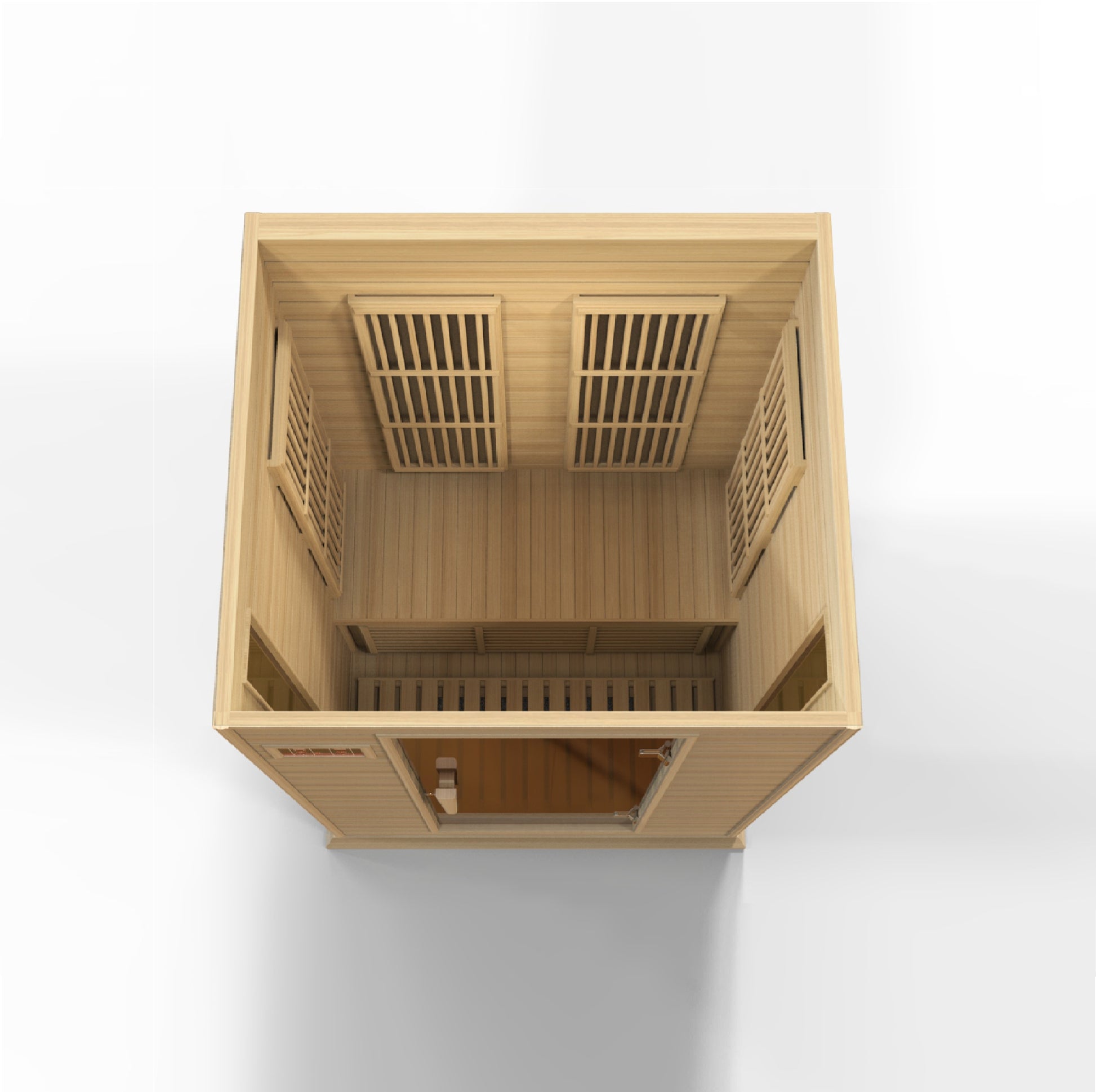 2-person infrared sauna, exterior 50" W x 42" D x 75" H (add 5.9" for roof overhang), interior 45" W x 37" D x 68" H. Features natural hemlock wood, tempered glass door, two side windows, chromotherapy lighting with Red Light Therapy (2024 models), six low-EMF Carbon heating panels, roof vent, LED control panels, and FM radio with Bluetooth, MP3, SD, and USB connections. Requires 120V/15amp plug & play; sauna weight 250 lbs, shipping weight 330 lbs, ships in 2 boxes.