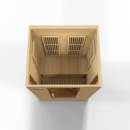 2-person infrared sauna, exterior 50" W x 42" D x 75" H (add 5.9" for roof overhang), interior 45" W x 37" D x 68" H. Features natural hemlock wood, tempered glass door, two side windows, chromotherapy lighting with Red Light Therapy (2024 models), six low-EMF Carbon heating panels, roof vent, LED control panels, and FM radio with Bluetooth, MP3, SD, and USB connections. Requires 120V/15amp plug & play; sauna weight 250 lbs, shipping weight 330 lbs, ships in 2 boxes.