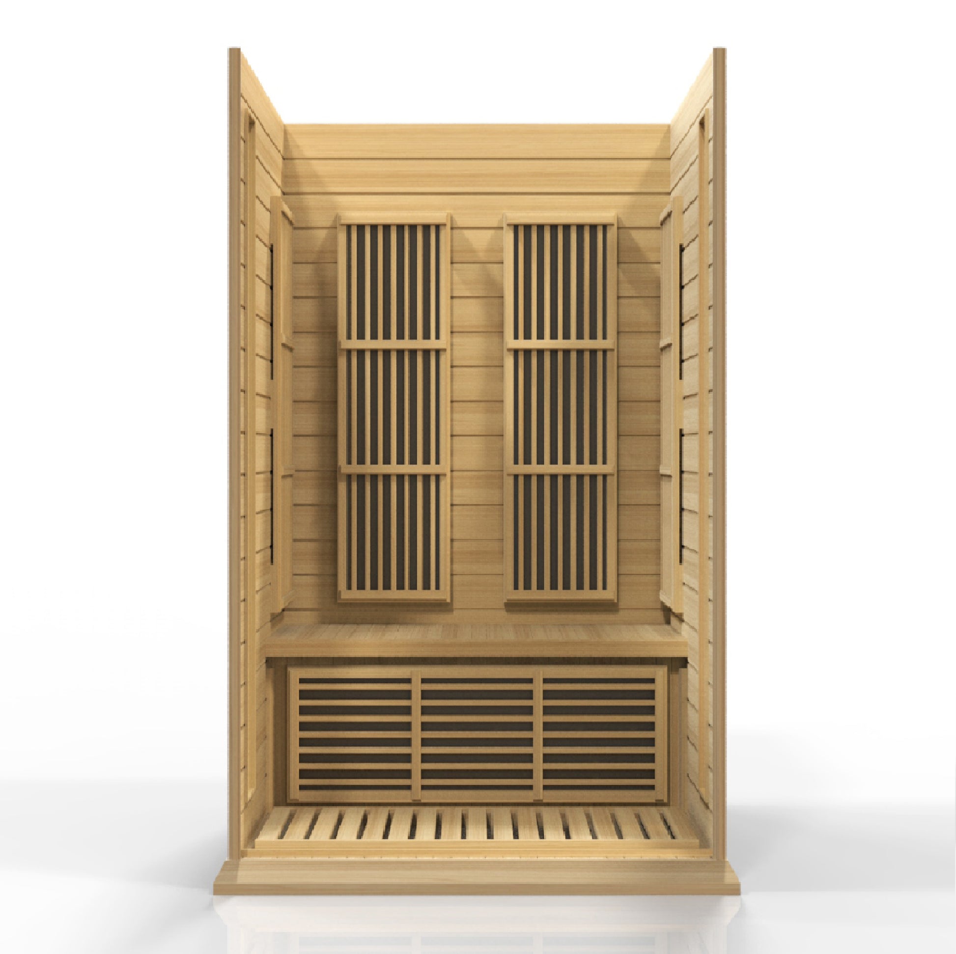 2-person infrared sauna, exterior 50" W x 42" D x 75" H (add 5.9" for roof overhang), interior 45" W x 37" D x 68" H. Features natural hemlock wood, tempered glass door, two side windows, chromotherapy lighting with Red Light Therapy (2024 models), six low-EMF Carbon heating panels, roof vent, LED control panels, and FM radio with Bluetooth, MP3, SD, and USB connections. Requires 120V/15amp plug & play; sauna weight 250 lbs, shipping weight 330 lbs, ships in 2 boxes.
