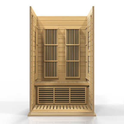 2-person infrared sauna, exterior 50" W x 42" D x 75" H (add 5.9" for roof overhang), interior 45" W x 37" D x 68" H. Features natural hemlock wood, tempered glass door, two side windows, chromotherapy lighting with Red Light Therapy (2024 models), six low-EMF Carbon heating panels, roof vent, LED control panels, and FM radio with Bluetooth, MP3, SD, and USB connections. Requires 120V/15amp plug & play; sauna weight 250 lbs, shipping weight 330 lbs, ships in 2 boxes.