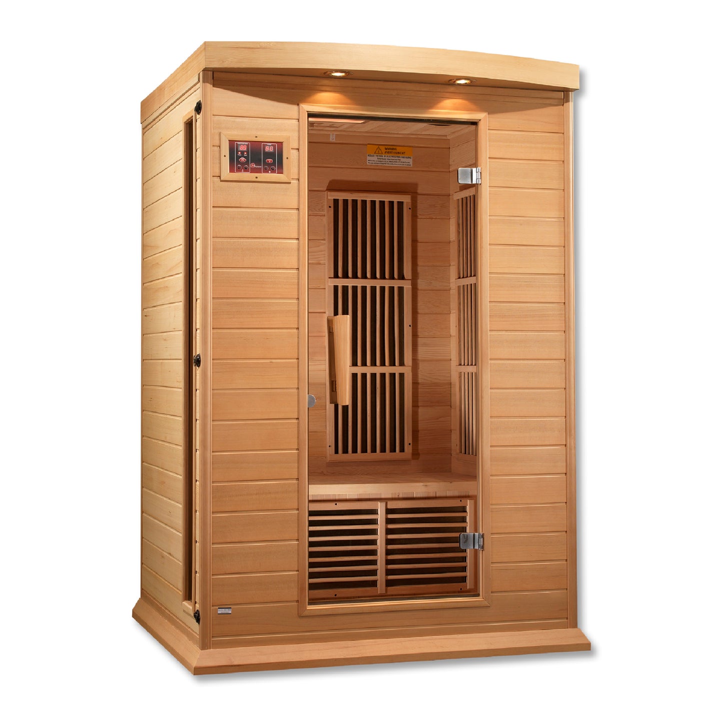 2-person infrared sauna, exterior 50" W x 42" D x 75" H (add 5.9" for roof overhang), interior 45" W x 37" D x 68" H. Features natural hemlock wood, tempered glass door, two side windows, chromotherapy lighting with Red Light Therapy (2024 models), six low-EMF Carbon heating panels, roof vent, LED control panels, and FM radio with Bluetooth, MP3, SD, and USB connections. Requires 120V/15amp plug & play; sauna weight 250 lbs, shipping weight 330 lbs, ships in 2 boxes.