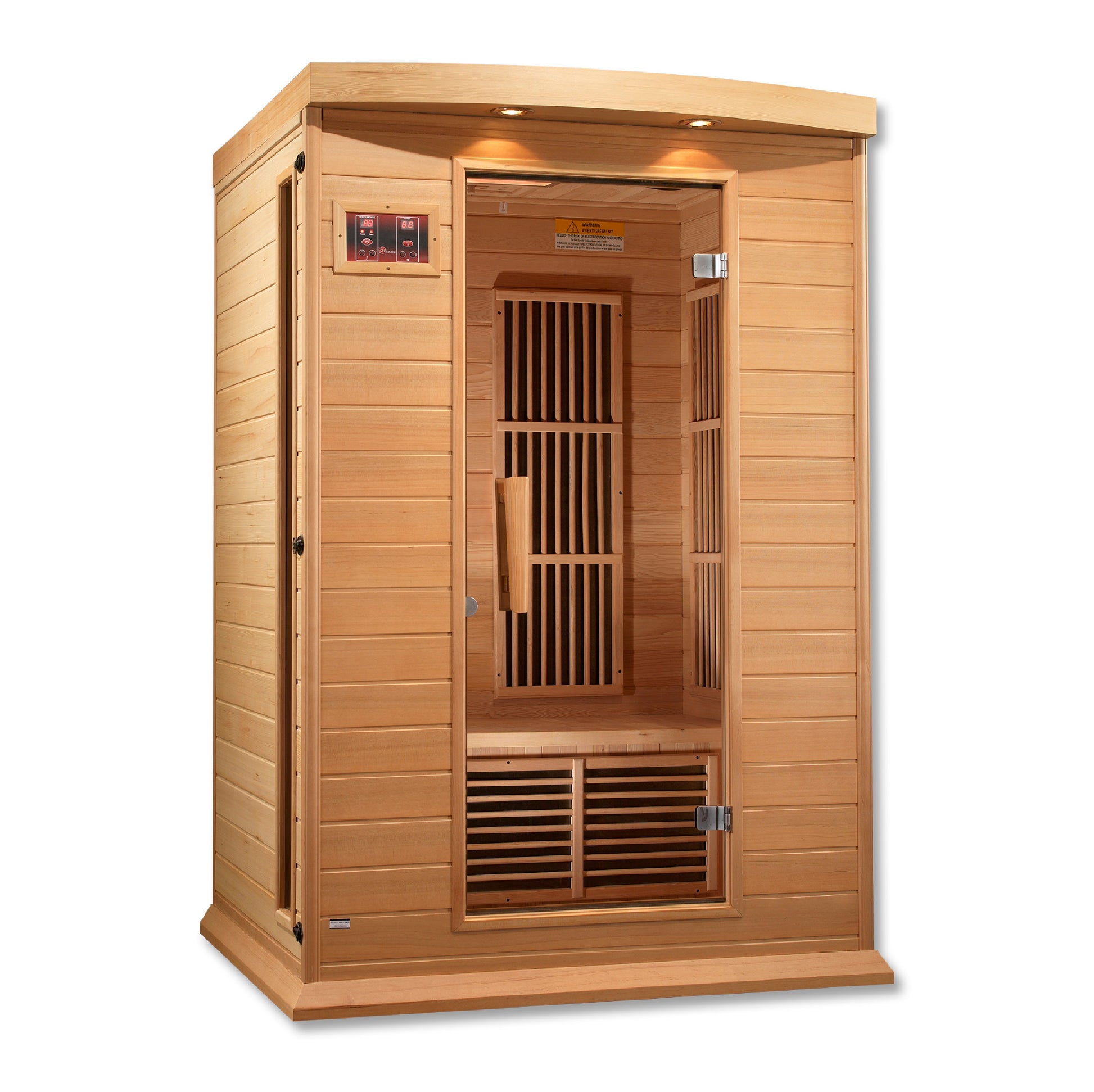 2-person infrared sauna, exterior 50" W x 42" D x 75" H (add 5.9" for roof overhang), interior 45" W x 37" D x 68" H. Features natural hemlock wood, tempered glass door, two side windows, chromotherapy lighting with Red Light Therapy (2024 models), six low-EMF Carbon heating panels, roof vent, LED control panels, and FM radio with Bluetooth, MP3, SD, and USB connections. Requires 120V/15amp plug & play; sauna weight 250 lbs, shipping weight 330 lbs, ships in 2 boxes.