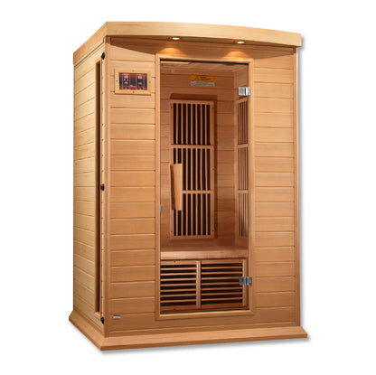 2-person infrared sauna, exterior 50" W x 42" D x 75" H (add 5.9" for roof overhang), interior 45" W x 37" D x 68" H. Features natural hemlock wood, tempered glass door, two side windows, chromotherapy lighting with Red Light Therapy (2024 models), six low-EMF Carbon heating panels, roof vent, LED control panels, and FM radio with Bluetooth, MP3, SD, and USB connections. Requires 120V/15amp plug & play; sauna weight 250 lbs, shipping weight 330 lbs, ships in 2 boxes.