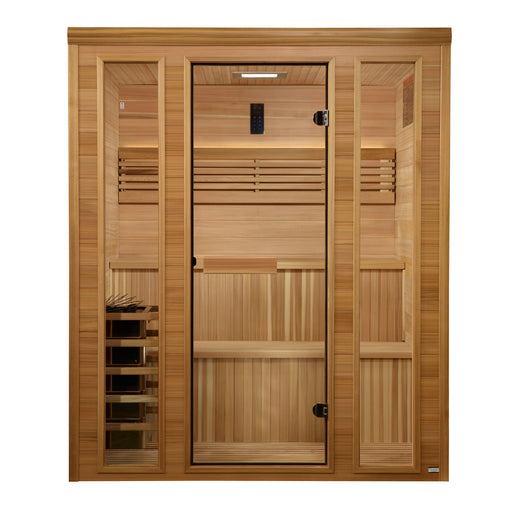 6-person sauna with Pacific Premium Clear Cedar construction, Canadian Red Cedar backrest and bench. Features an interior chromotherapy lighting system, accent-lit backrest, and LED control panel with FM station and Bluetooth. Includes built-in performance speakers, sandglass, bucket, scoop, and stainless steel hinge and handle. Equipped with an 8KW Harvia traditional sauna stove. Exterior dimensions: 61″ x 70″ x 75″; interior dimensions: 57″ x 65″ x 71″.  