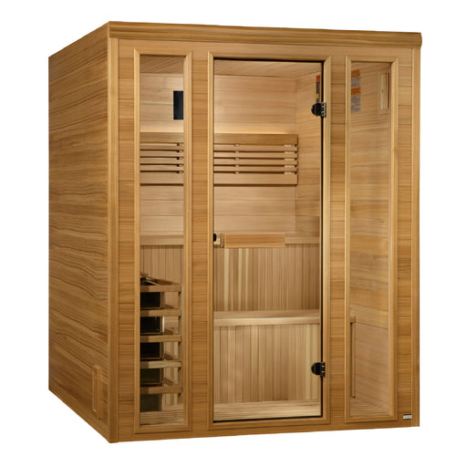 6-person sauna with Pacific Premium Clear Cedar construction, Canadian Red Cedar backrest and bench. Features an interior chromotherapy lighting system, accent-lit backrest, and LED control panel with FM station and Bluetooth. Includes built-in performance speakers, sandglass, bucket, scoop, and stainless steel hinge and handle. Equipped with an 8KW Harvia traditional sauna stove. Exterior dimensions: 61″ x 70″ x 75″; interior dimensions: 57″ x 65″ x 71″.  