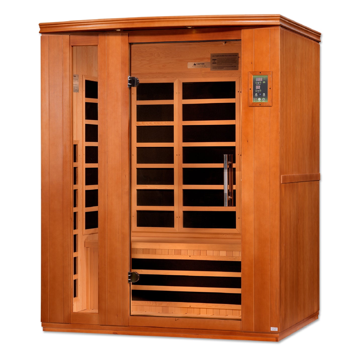3-person sauna made of natural hemlock wood. Exterior dimensions: 60" W x 45" D x 75" H (roof overhang adds 4.3"). Interior dimensions: 57" W x 41" D x 69" H. Includes Bluetooth music system with two speakers (no radio), LED control panels inside and out.

Features 9 Carbon PureTech™ Ultra Low EMF heating panels, a tempered glass door,  interior chromotherapy lighting (red light therapy starting in 2024). Roof vent for airflow. 120V/20amp (consult an electrician). Clasp-together assembly.Model: DYN-6336-02 