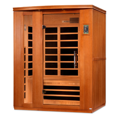 3-person sauna made of natural hemlock wood. Exterior dimensions: 60" W x 45" D x 75" H (roof overhang adds 4.3"). Interior dimensions: 57" W x 41" D x 69" H. Includes Bluetooth music system with two speakers (no radio), LED control panels inside and out.

Features 9 Carbon PureTech™ Ultra Low EMF heating panels, a tempered glass door,  interior chromotherapy lighting (red light therapy starting in 2024). Roof vent for airflow. 120V/20amp (consult an electrician). Clasp-together assembly.Model: DYN-6336-02 