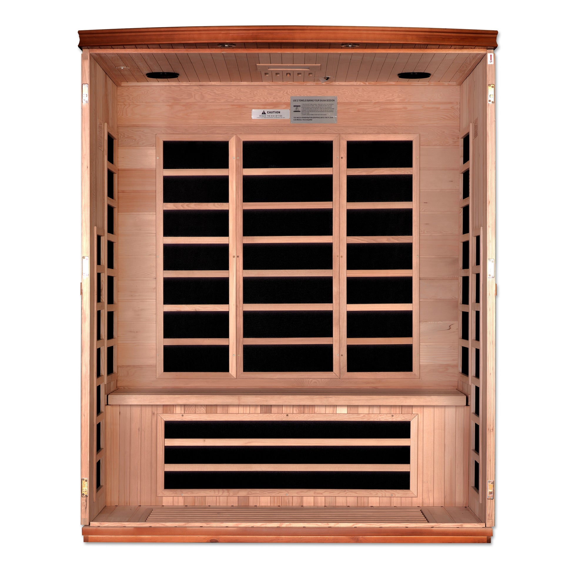 3-person sauna made of natural hemlock wood. Exterior dimensions: 60" W x 45" D x 75" H (roof overhang adds 4.3"). Interior dimensions: 57" W x 41" D x 69" H. Includes Bluetooth music system with two speakers (no radio), LED control panels inside and out.

Features 9 Carbon PureTech™ Ultra Low EMF heating panels, a tempered glass door,  interior chromotherapy lighting (red light therapy starting in 2024). Roof vent for airflow. 120V/20amp (consult an electrician). Clasp-together assembly.Model: DYN-6336-02 
