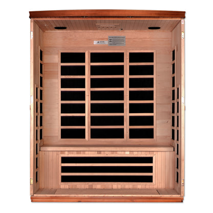 3-person sauna made of natural hemlock wood. Exterior dimensions: 60" W x 45" D x 75" H (roof overhang adds 4.3"). Interior dimensions: 57" W x 41" D x 69" H. Includes Bluetooth music system with two speakers (no radio), LED control panels inside and out.

Features 9 Carbon PureTech™ Ultra Low EMF heating panels, a tempered glass door,  interior chromotherapy lighting (red light therapy starting in 2024). Roof vent for airflow. 120V/20amp (consult an electrician). Clasp-together assembly.Model: DYN-6336-02 