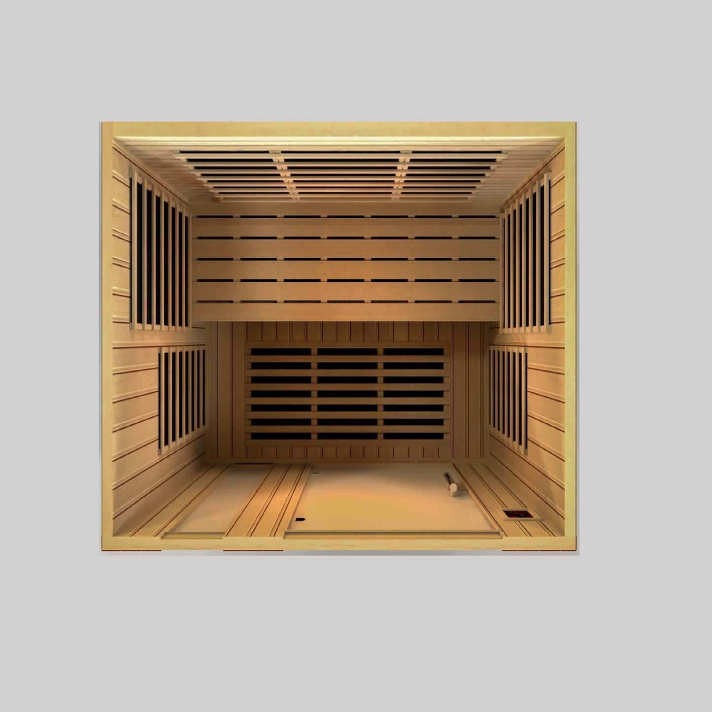 3-person sauna made of natural hemlock wood. Exterior dimensions: 60" W x 45" D x 75" H (roof overhang adds 4.3"). Interior dimensions: 57" W x 41" D x 69" H. Includes Bluetooth music system with two speakers (no radio), LED control panels inside and out.

Features 9 Carbon PureTech™ Ultra Low EMF heating panels, a tempered glass door,  interior chromotherapy lighting (red light therapy starting in 2024). Roof vent for airflow. 120V/20amp (consult an electrician). Clasp-together assembly.Model: DYN-6336-02 