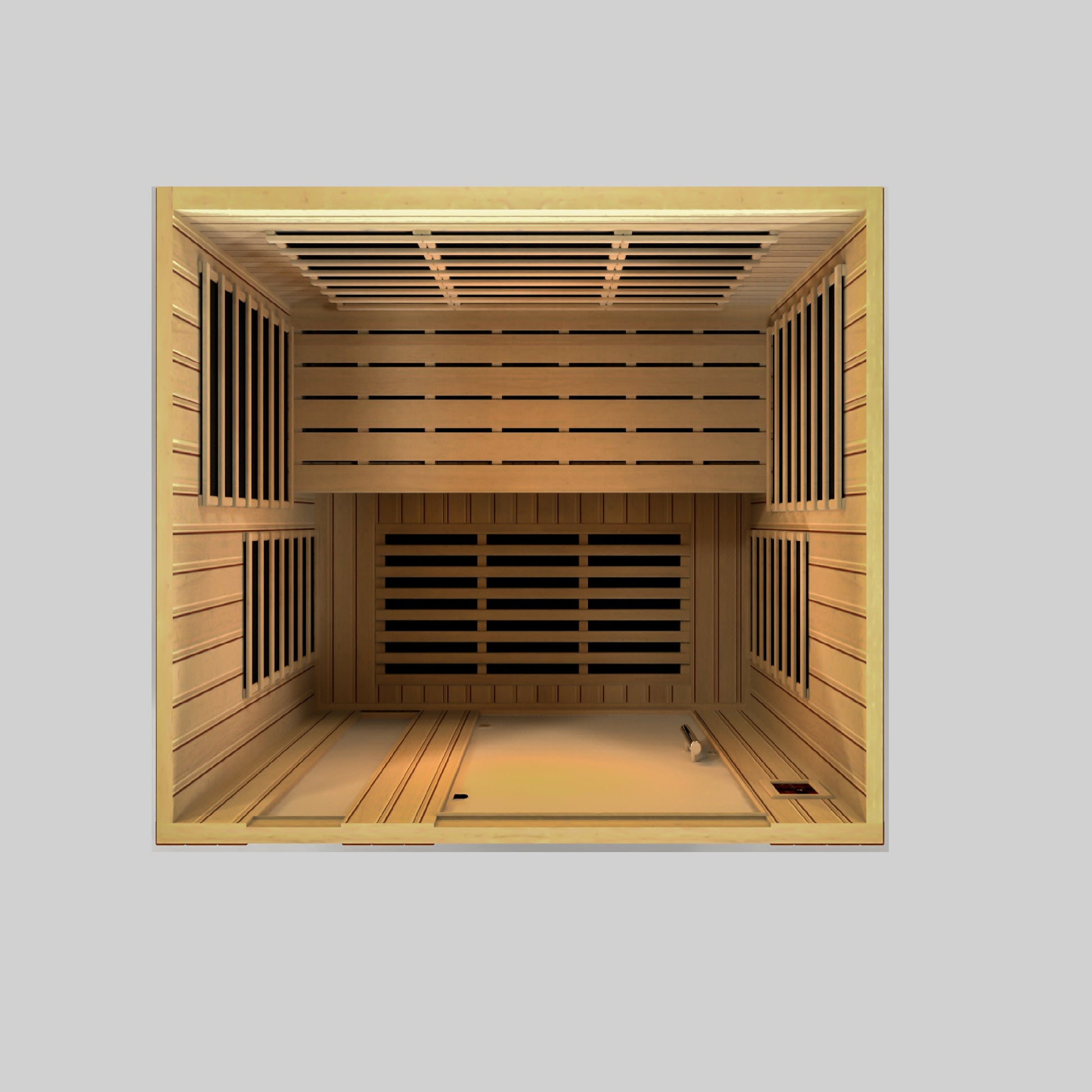 3-person sauna made of natural hemlock wood. Exterior dimensions: 60" W x 45" D x 75" H (roof overhang adds 4.3"). Interior dimensions: 57" W x 41" D x 69" H. Includes Bluetooth music system with two speakers (no radio), LED control panels inside and out.

Features 9 Carbon PureTech™ Ultra Low EMF heating panels, a tempered glass door,  interior chromotherapy lighting (red light therapy starting in 2024). Roof vent for airflow. 120V/20amp (consult an electrician). Clasp-together assembly.Model: DYN-6336-02 