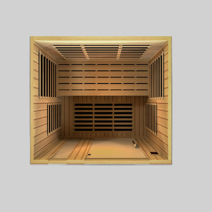 3-person sauna made of natural hemlock wood. Exterior dimensions: 60" W x 45" D x 75" H (roof overhang adds 4.3"). Interior dimensions: 57" W x 41" D x 69" H. Includes Bluetooth music system with two speakers (no radio), LED control panels inside and out.

Features 9 Carbon PureTech™ Ultra Low EMF heating panels, a tempered glass door,  interior chromotherapy lighting (red light therapy starting in 2024). Roof vent for airflow. 120V/20amp (consult an electrician). Clasp-together assembly.Model: DYN-6336-02 