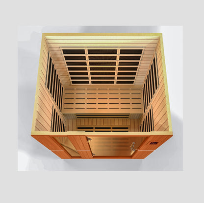 3-person sauna made of natural hemlock wood. Exterior dimensions: 60" W x 45" D x 75" H (roof overhang adds 4.3"). Interior dimensions: 57" W x 41" D x 69" H. Includes Bluetooth music system with two speakers (no radio), LED control panels inside and out.

Features 9 Carbon PureTech™ Ultra Low EMF heating panels, a tempered glass door,  interior chromotherapy lighting (red light therapy starting in 2024). Roof vent for airflow. 120V/20amp (consult an electrician). Clasp-together assembly.Model: DYN-6336-02 