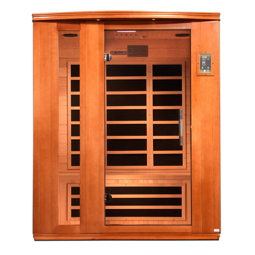 3-person sauna made of natural hemlock wood. Exterior dimensions: 60" W x 45" D x 75" H (roof overhang adds 4.3"). Interior dimensions: 57" W x 41" D x 69" H. Includes Bluetooth music system with two speakers (no radio), LED control panels inside and out.

Features 9 Carbon PureTech™ Ultra Low EMF heating panels, a tempered glass door,  interior chromotherapy lighting (red light therapy starting in 2024). Roof vent for airflow. 120V/20amp (consult an electrician). Clasp-together assembly.Model: DYN-6336-02 