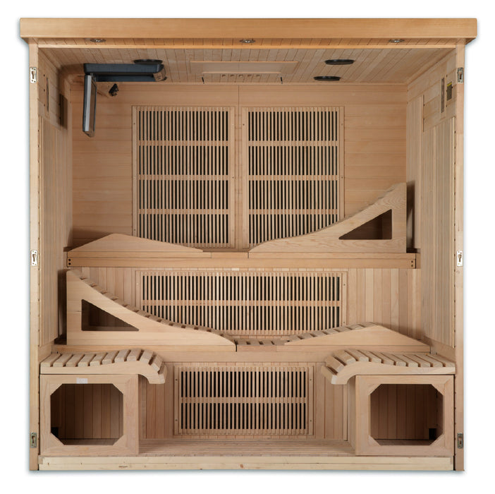 DYNAMIC Ultra Low EMF Far Infrared Indoor Sauna (DYN-6996-01 Elite), designed for 6-person use. Features natural finish hemlock wood construction, 15 Carbon PureTech Ultra Low EMF heat emitters, FM/CD radio with MP3 auxiliary, 15” LCD monitor with DVD player, oversized interior chromotherapy lighting, and tempered glass door. Dimensions: exterior 73"x61"x79", interior 68"x57"x72". Electrical service: 2 dedicated 20 amp 120V outlets. Clasp together assembly. Sauna weight: 750 lbs., shipping weight: 835 lbs.,