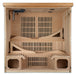 DYNAMIC Ultra Low EMF Far Infrared Indoor Sauna (DYN-6996-01 Elite), designed for 6-person use. Features natural finish hemlock wood construction, 15 Carbon PureTech Ultra Low EMF heat emitters, FM/CD radio with MP3 auxiliary, 15” LCD monitor with DVD player, oversized interior chromotherapy lighting, and tempered glass door. Dimensions: exterior 73"x61"x79", interior 68"x57"x72". Electrical service: 2 dedicated 20 amp 120V outlets. Clasp together assembly. Sauna weight: 750 lbs., shipping weight: 835 lbs.,