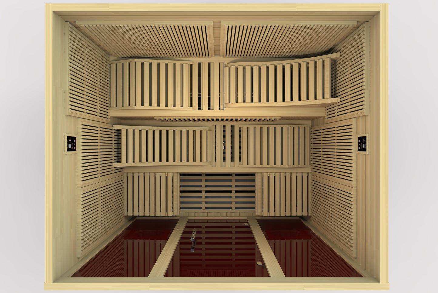 DYNAMIC Ultra Low EMF Far Infrared Indoor Sauna (DYN-6996-01 Elite), designed for 6-person use. Features natural finish hemlock wood construction, 15 Carbon PureTech Ultra Low EMF heat emitters, FM/CD radio with MP3 auxiliary, 15” LCD monitor with DVD player, oversized interior chromotherapy lighting, and tempered glass door. Dimensions: exterior 73"x61"x79", interior 68"x57"x72". Electrical service: 2 dedicated 20 amp 120V outlets. Clasp together assembly. Sauna weight: 750 lbs., shipping weight: 835 lbs.,