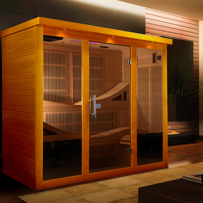 DYNAMIC Ultra Low EMF Far Infrared Indoor Sauna (DYN-6996-01 Elite), designed for 6-person use. Features natural finish hemlock wood construction, 15 Carbon PureTech Ultra Low EMF heat emitters, FM/CD radio with MP3 auxiliary, 15” LCD monitor with DVD player, oversized interior chromotherapy lighting, and tempered glass door. Dimensions: exterior 73"x61"x79", interior 68"x57"x72". Electrical service: 2 dedicated 20 amp 120V outlets. Clasp together assembly. Sauna weight: 750 lbs., shipping weight: 835 lbs.,
