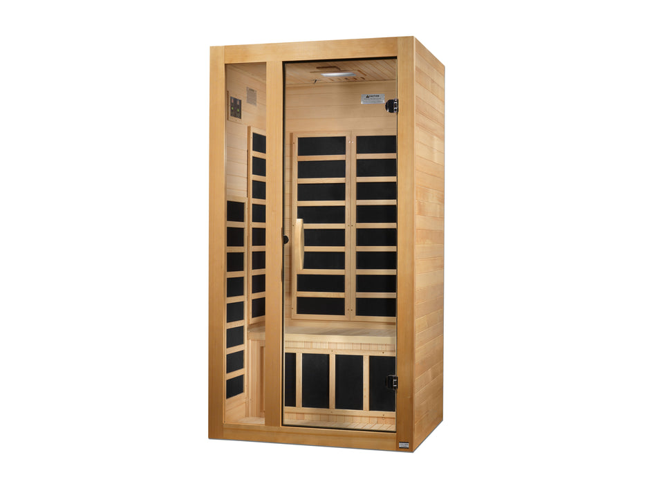 Sauna_and_Plunge_Direct-Golden_Design_DYNAMIC_Gracia_Low_EMF_FAR_Infrared_Sauna_DYN-6119-01_1-2_Person_Natural_Hemlock_Wood
compact 1-2 person sauna with Bluetooth, chromotherapy, and natural hemlock wood construction. Features 7 carbon low EMF heat emitters, LED control panel, tempered glass door, and easy clasp-together assembly. Sauna dimensions: 39″ x 36″ x 75″, shipping in 2 boxes.