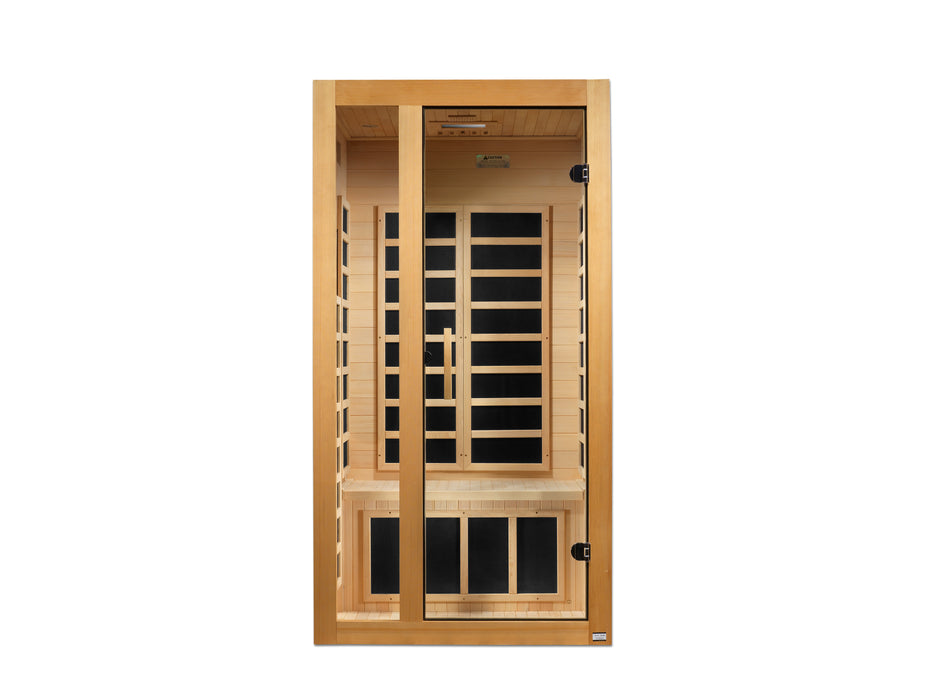 Sauna_and_Plunge_Direct-Golden_Design_DYNAMIC_Gracia_Low_EMF_FAR_Infrared_Sauna_DYN-6119-01_1-2_Person_Natural_Hemlock_Wood
compact 1-2 person sauna with Bluetooth, chromotherapy, and natural hemlock wood construction. Features 7 carbon low EMF heat emitters, LED control panel, tempered glass door, and easy clasp-together assembly. Sauna dimensions: 39″ x 36″ x 75″, shipping in 2 boxes.
