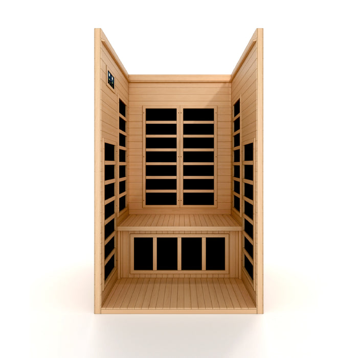 Sauna_and_Plunge_Direct-Golden_Design_DYNAMIC_Gracia_Low_EMF_FAR_Infrared_Sauna_DYN-6119-01_1-2_Person_Natural_Hemlock_Wood
compact 1-2 person sauna with Bluetooth, chromotherapy, and natural hemlock wood construction. Features 7 carbon low EMF heat emitters, LED control panel, tempered glass door, and easy clasp-together assembly. Sauna dimensions: 39″ x 36″ x 75″, shipping in 2 boxes.