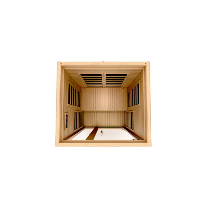 Sauna_and_Plunge_Direct-Golden_Design_DYNAMIC_Gracia_Low_EMF_FAR_Infrared_Sauna_DYN-6119-01_1-2_Person_Natural_Hemlock_Wood
compact 1-2 person sauna with Bluetooth, chromotherapy, and natural hemlock wood construction. Features 7 carbon low EMF heat emitters, LED control panel, tempered glass door, and easy clasp-together assembly. Sauna dimensions: 39″ x 36″ x 75″, shipping in 2 boxes.