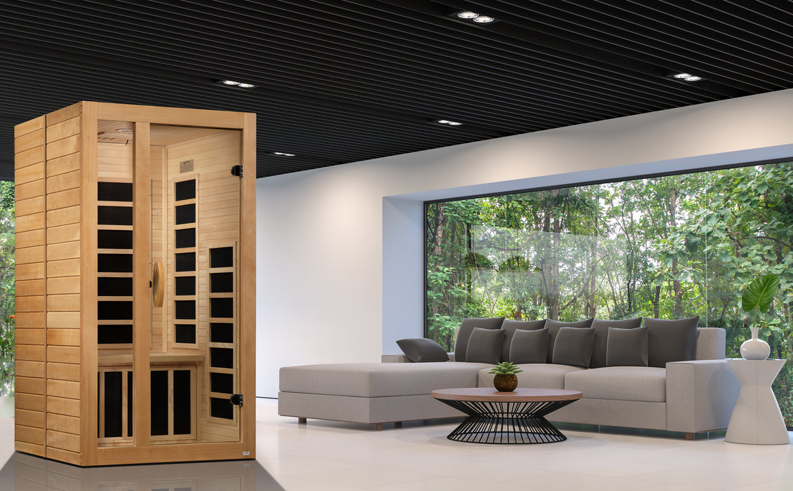 Sauna and Plunge Direct-Golden Designs Inc-DYN-6119-01 
compact 1-2 person sauna with Bluetooth, chromotherapy, and natural hemlock wood construction. Features 7 carbon low EMF heat emitters, LED control panel, tempered glass door, and easy clasp-together assembly. Sauna dimensions: 39″ x 36″ x 75″, shipping in 2 boxes.