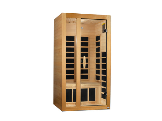 Sauna_and_Plunge_Direct-Golden_Design_DYNAMIC_Gracia_Low_EMF_FAR_Infrared_Sauna_DYN-6119-01_1-2_Person_Natural_Hemlock_Woo
Sauna_and_Plunge_Direct-Golden_Design_DYNAMIC_Gracia_Low_EMF_FAR_Infrared_Sauna_DYN-6119-01_1-2_Person_Natural_Hemlock_Wood compact 1-2 person sauna with Bluetooth, chromotherapy, and natural hemlock wood construction. Features 7 carbon low EMF heat emitters, LED control panel, tempered glass door, and easy clasp-together assembly. Sauna dimensions: 39″ x 36″ x 75″, shipping in 2 boxes.