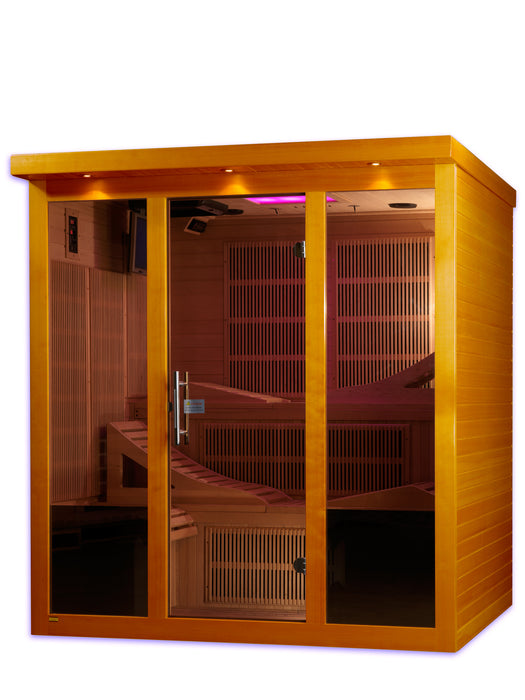 DYNAMIC Ultra Low EMF Far Infrared Indoor Sauna (DYN-6996-01 Elite), designed for 6-person use. Features natural finish hemlock wood construction, 15 Carbon PureTech Ultra Low EMF heat emitters, FM/CD radio with MP3 auxiliary, 15” LCD monitor with DVD player, oversized interior chromotherapy lighting, and tempered glass door. Dimensions: exterior 73"x61"x79", interior 68"x57"x72". Electrical service: 2 dedicated 20 amp 120V outlets. Clasp together assembly. Sauna weight: 750 lbs., shipping weight: 835 lbs.,