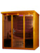 DYNAMIC Ultra Low EMF Far Infrared Indoor Sauna (DYN-6996-01 Elite), designed for 6-person use. Features natural finish hemlock wood construction, 15 Carbon PureTech Ultra Low EMF heat emitters, FM/CD radio with MP3 auxiliary, 15” LCD monitor with DVD player, oversized interior chromotherapy lighting, and tempered glass door. Dimensions: exterior 73"x61"x79", interior 68"x57"x72". Electrical service: 2 dedicated 20 amp 120V outlets. Clasp together assembly. Sauna weight: 750 lbs., shipping weight: 835 lbs.,