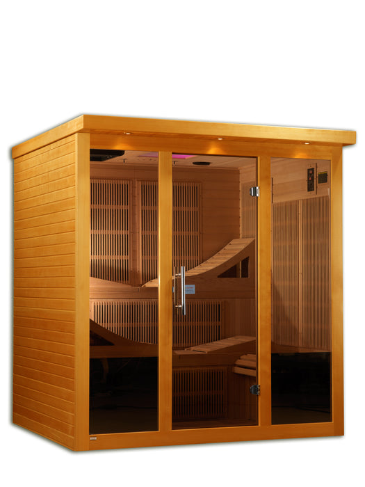 DYNAMIC Ultra Low EMF Far Infrared Indoor Sauna (DYN-6996-01 Elite), designed for 6-person use. Features natural finish hemlock wood construction, 15 Carbon PureTech Ultra Low EMF heat emitters, FM/CD radio with MP3 auxiliary, 15” LCD monitor with DVD player, oversized interior chromotherapy lighting, and tempered glass door. Dimensions: exterior 73"x61"x79", interior 68"x57"x72". Electrical service: 2 dedicated 20 amp 120V outlets. Clasp together assembly. Sauna weight: 750 lbs., shipping weight: 835 lbs.,