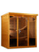 DYNAMIC Ultra Low EMF Far Infrared Indoor Sauna (DYN-6996-01 Elite), designed for 6-person use. Features natural finish hemlock wood construction, 15 Carbon PureTech Ultra Low EMF heat emitters, FM/CD radio with MP3 auxiliary, 15” LCD monitor with DVD player, oversized interior chromotherapy lighting, and tempered glass door. Dimensions: exterior 73"x61"x79", interior 68"x57"x72". Electrical service: 2 dedicated 20 amp 120V outlets. Clasp together assembly. Sauna weight: 750 lbs., shipping weight: 835 lbs.,