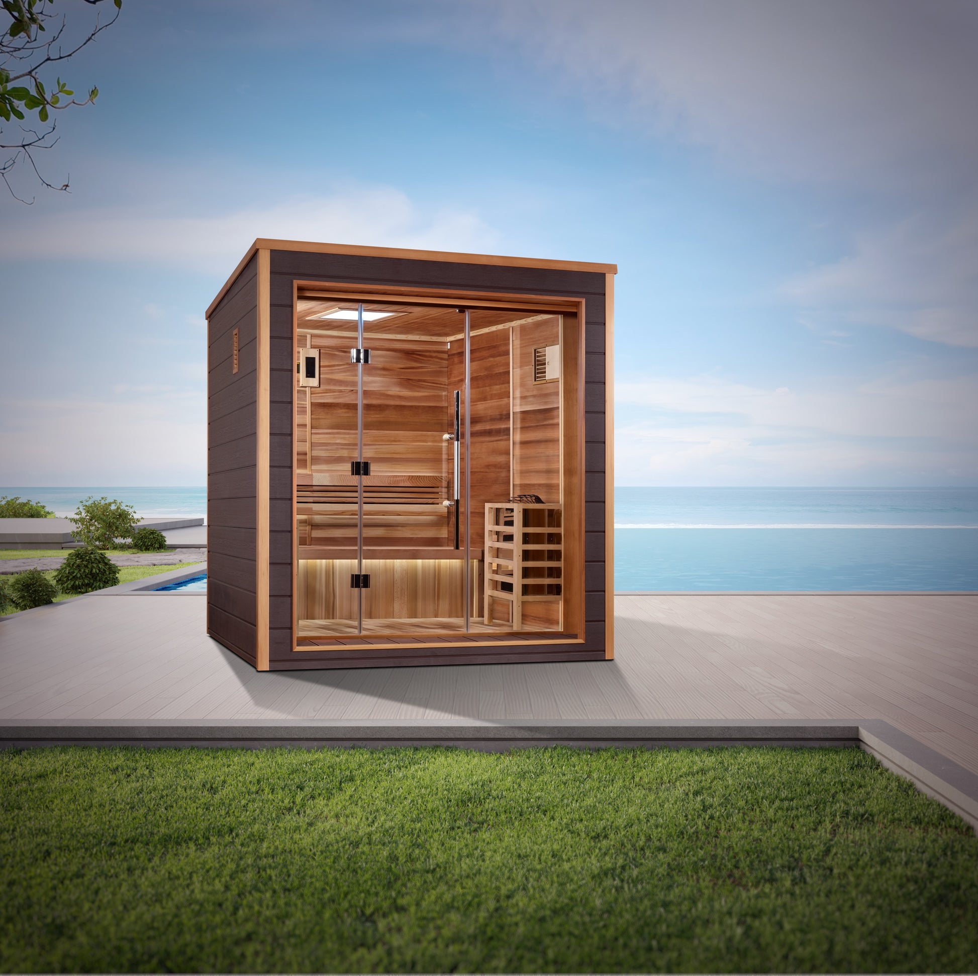 Sauna and Plunge Direct-Golden Design Inc.- "Drammen" Outdoor-Indoor Traditional Sauna | GDI-8203-01 | 3 Person | Canadian Red Cedar Interior 
3-person all-weather sauna with Canadian Red Cedar interior, chromotherapy lighting, Bluetooth-enabled LED control panel, Harvia 8KW stove, and premium accessories. Exterior dimensions: 79.2" x 71" x 88.3", interior dimensions: 75" x 53.4" x 75".






