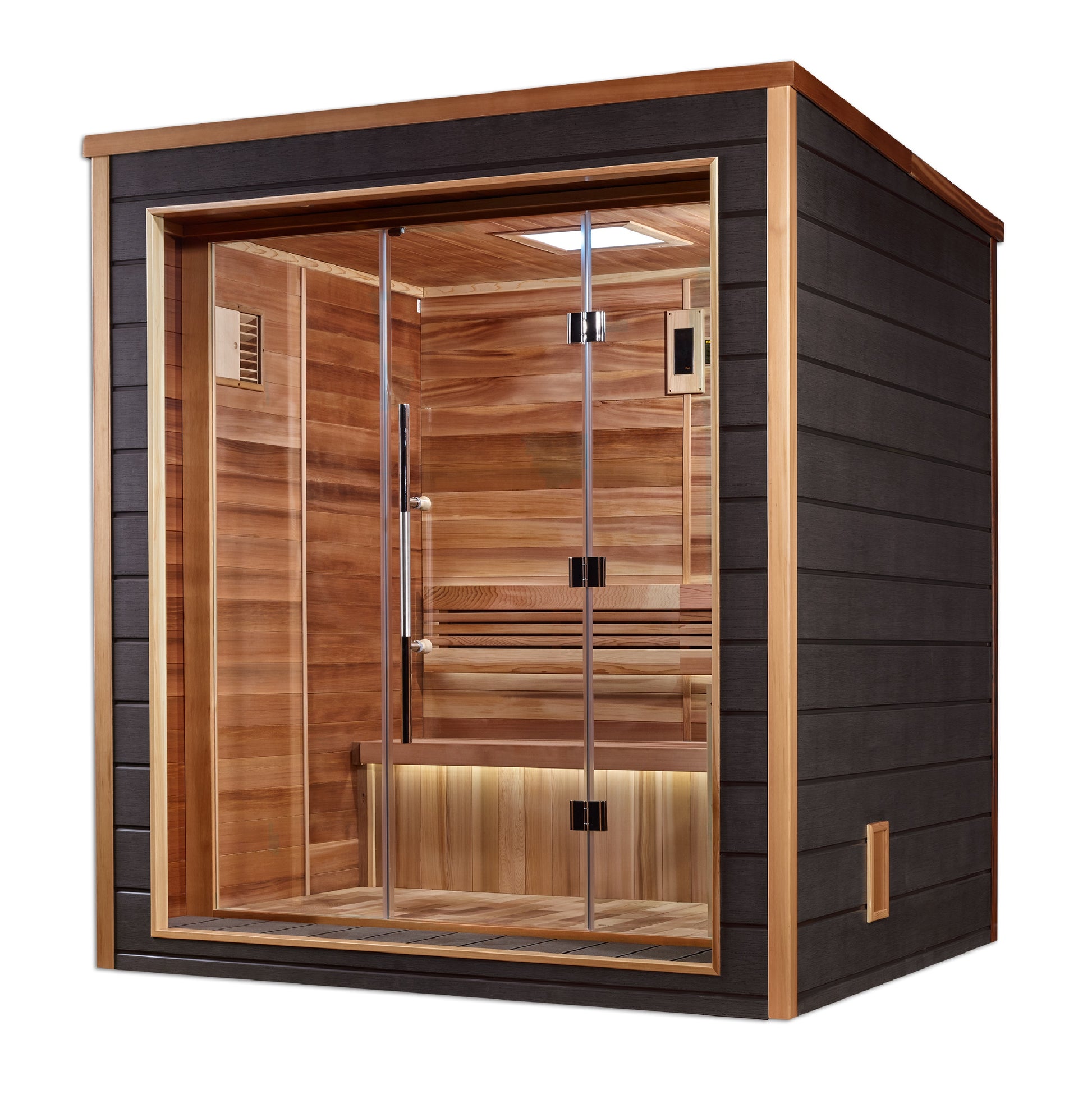 Sauna and Plunge Direct-Golden Design Inc.- "Drammen" Outdoor-Indoor Traditional Sauna | GDI-8203-01 | 3 Person | Canadian Red Cedar Interior 3-person all-weather sauna with Canadian Red Cedar interior, chromotherapy lighting, Bluetooth-enabled LED control panel, Harvia 8KW stove, and premium accessories. Exterior dimensions: 79.2" x 71" x 88.3", interior dimensions: 75" x 53.4" x 75".






