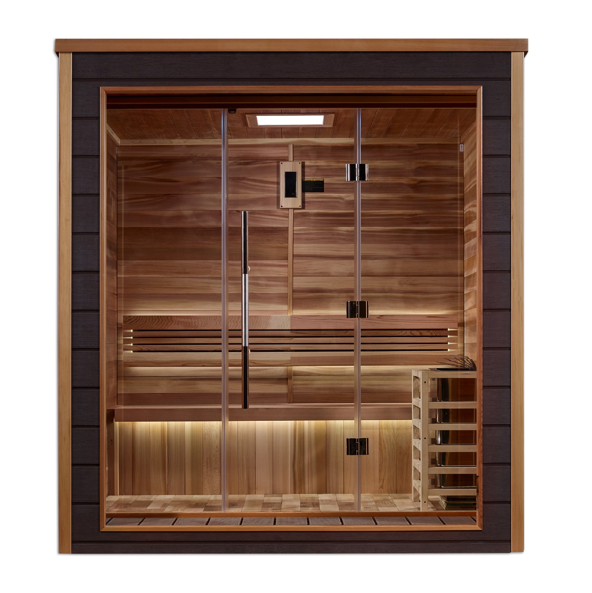 Sauna and Plunge Direct-Golden Design Inc.- "Drammen" Outdoor-Indoor Traditional Sauna | GDI-8203-01 | 3 Person | Canadian Red Cedar Interior 
3-person all-weather sauna with Canadian Red Cedar interior, chromotherapy lighting, Bluetooth-enabled LED control panel, Harvia 8KW stove, and premium accessories. Exterior dimensions: 79.2" x 71" x 88.3", interior dimensions: 75" x 53.4" x 75".






