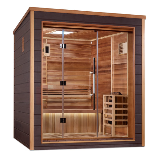 Sauna and Plunge Direct-Golden Design Inc.- "Drammen" Outdoor-Indoor Traditional Sauna | GDI-8203-01 | 3 Person | Canadian Red Cedar Interior 
3-person all-weather sauna with Canadian Red Cedar interior, chromotherapy lighting, Bluetooth-enabled LED control panel, Harvia 8KW stove, and premium accessories.