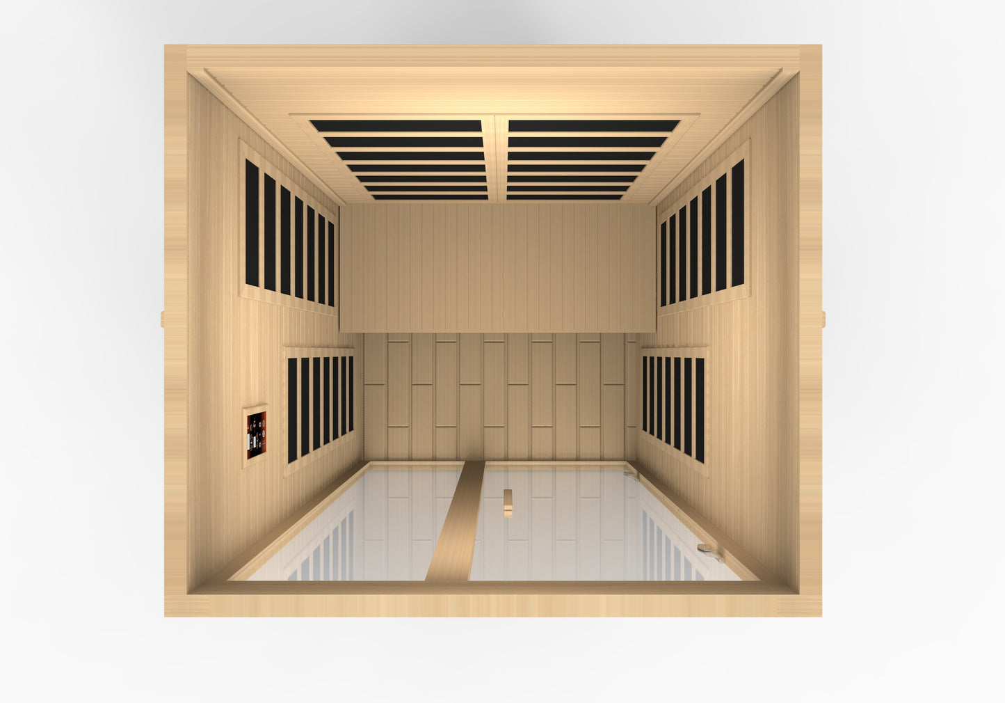 Sauna and Plunge Direct- Golden Designs-DYNAMIC Santiago Low EMF FAR Infrared Indoor Sauna DYN-6209-01 2_Person Natural Hemlock Wood Model: DYN-6209-01 wood, 46" x 40" x 75" exterior, Bluetooth music system, LED control panel, 7 carbon low EMF heaters, tempered glass door, chromotherapy lighting, and roof vent