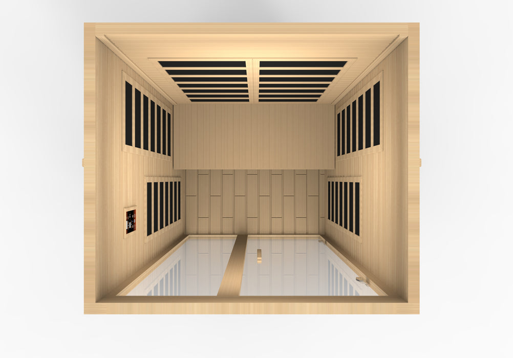 Sauna and Plunge Direct- Golden Designs-DYNAMIC Santiago Low EMF FAR Infrared Indoor Sauna DYN-6209-01 2_Person Natural Hemlock Wood Model: DYN-6209-01 wood, 46" x 40" x 75" exterior, Bluetooth music system, LED control panel, 7 carbon low EMF heaters, tempered glass door, chromotherapy lighting, and roof vent