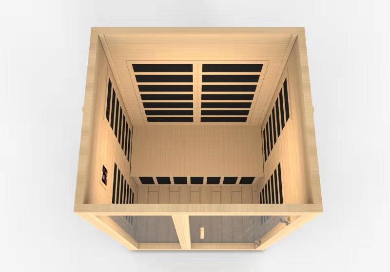 Sauna and Plunge Direct- Golden Designs-DYNAMIC Santiago Low EMF FAR Infrared Indoor Sauna DYN-6209-01 Two Person Natural Hemlock Wood Model: DYN-6209-01 wood, 46" x 40" x 75" exterior, Bluetooth music system, LED control panel, 7 carbon low EMF heaters, tempered glass door, chromotherapy lighting, and roof vent