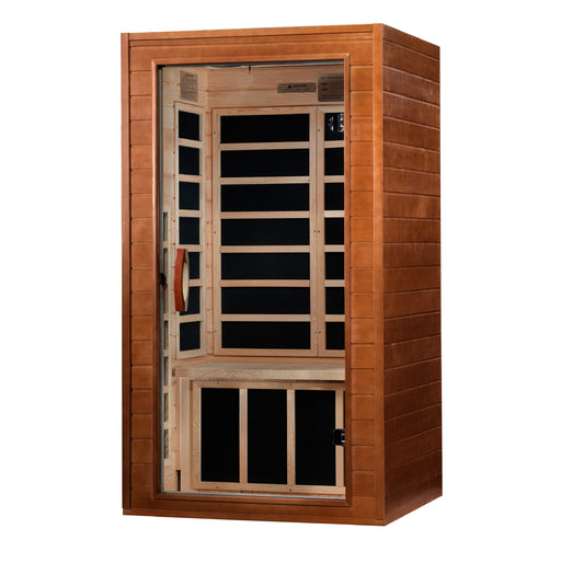Avila 1-2 Person Low EMF FAR Infrared Sauna, perfect for a cozy retreat. Compact unit with dimensions 39" x 36" x 73", ideal for 1 person. Features Bluetooth music system, 7 carbon low EMF heat emitters, natural hemlock wood construction, and tempered glass door. Includes LED control panel and interior chromotherapy lighting. Sauna weight: 250 lbs, shipping weight: 285 lbs, ships in 1 box.