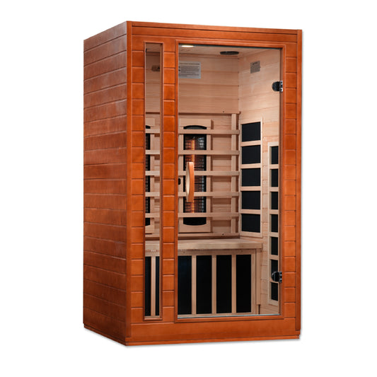 Cardoba-DYN-6203-02 FS Sauna

Capacity: 2 persons
Exterior dimensions: 46" W x 41" D x 75" H
Interior dimensions: 42" W x 36" D x 68" H
Music system: Bluetooth and MP3 aux, 2 dynamic speakers (no radio)
Interior LED control panel
Construction: Natural hemlock wood
Electrical service: 120V/15amp
Assembly: Clasp together
Heating elements: 7 total (5 Carbon PureTech™ near zero EMF, 2 Near Infrared PureTech™)
Door: Tempered glass
Lighting: Interior chromotherapy (red light therapy starting in 2024)
Roof vent