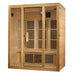  3-person Sauna
Exterior Dimensions: 61" W x 42" D x 75" H
Interior Dimensions: 57" W x 38" D x 68" H
 Natural hemlock wood
Doors & Windows: Tempered glass door, 2 full-length side windows
Chromotherapy system with Red Light Therapy (2024 models)
Heating Panels: 7 Carbon Tech low-EMF FAR emitters
Additional Features: Floor foot reflexology heater, roof vent
Control Panel: Interior LED
Audio: Bluetooth & MP3 Aux with 2 speakers and pre-amp
Electrical Requirement: 120V/20amp 
Assembly: Clasp-together.