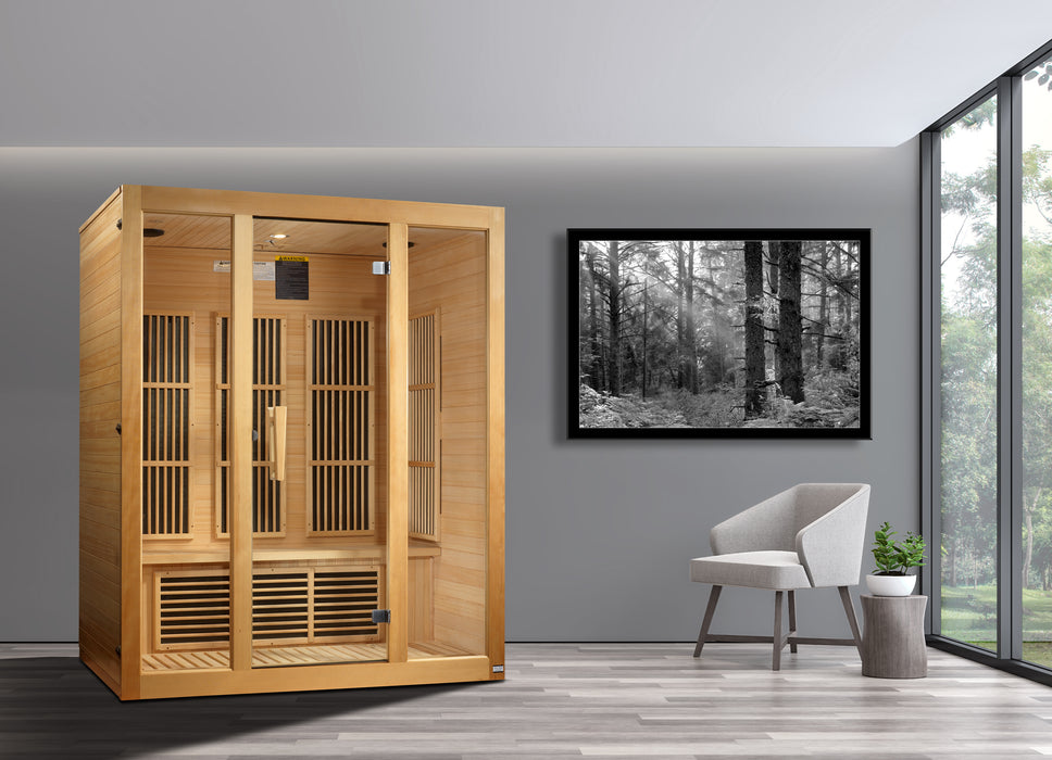  3-person Sauna
Exterior Dimensions: 61" W x 42" D x 75" H
Interior Dimensions: 57" W x 38" D x 68" H
 Natural hemlock wood
Doors & Windows: Tempered glass door, 2 full-length side windows
Chromotherapy system with Red Light Therapy (2024 models)
Heating Panels: 7 Carbon Tech low-EMF FAR emitters
Additional Features: Floor foot reflexology heater, roof vent
Control Panel: Interior LED
Audio: Bluetooth & MP3 Aux with 2 speakers and pre-amp
Electrical Requirement: 120V/20amp 
Assembly: Clasp-together.