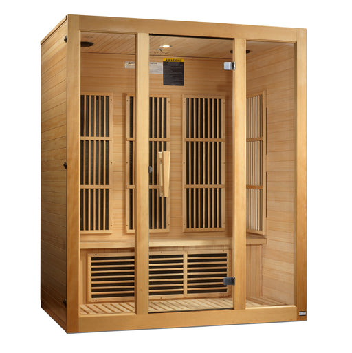  3-person Sauna
Exterior Dimensions: 61" W x 42" D x 75" H
Interior Dimensions: 57" W x 38" D x 68" H
 Natural hemlock wood
Doors & Windows: Tempered glass door, 2 full-length side windows
Chromotherapy system with Red Light Therapy (2024 models)
Heating Panels: 7 Carbon Tech low-EMF FAR emitters
Additional Features: Floor foot reflexology heater, roof vent
Control Panel: Interior LED
Audio: Bluetooth & MP3 Aux with 2 speakers and pre-amp
Electrical Requirement: 120V/20amp 
Assembly: Clasp-together.
